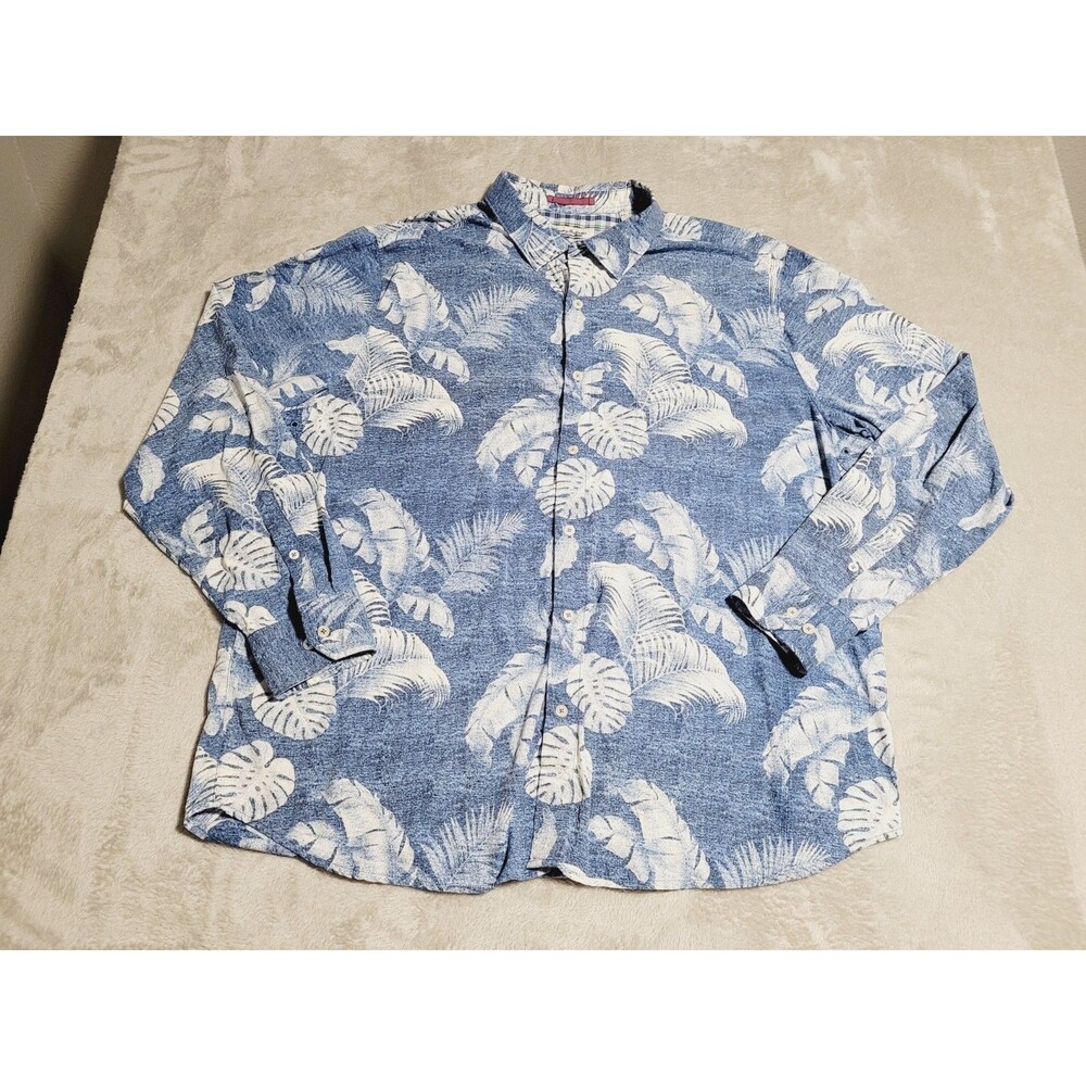 Tommy Bahama Shirt Mens 2XL Blue Floral Hawaiian Button Front Long Sleeve